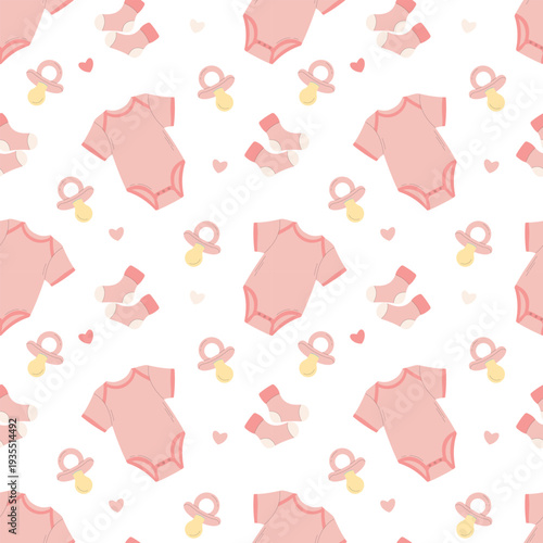 Seamless baby girl pattern with bodysuit, pacifier and baby socks in soft pink tones. Sweet pastel nursery theme. Perfect for fabric, wallpaper, wrapping paper and baby shower decor.