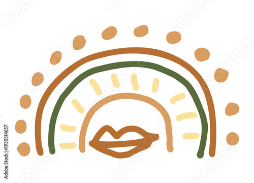 Creative boho rainbow with lips and sunburst dots for modern fashion and beauty branding