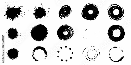 Abstract collection of black ink brush strokes and circular patterns