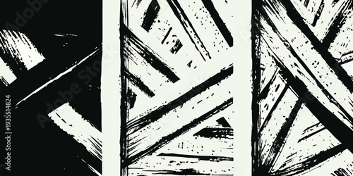 Abstract black and white composition with bold dynamic brushstroke patterns