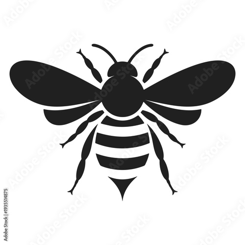 Black and white bee icon on a plain white background for design element