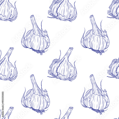 Head of garlic . Monochrome botanical seamless pattern drawing of fragrant herbs and spices. Graphic ink vector. Good for decoration of cooking, menu, decor, stickers, tea, kitchens