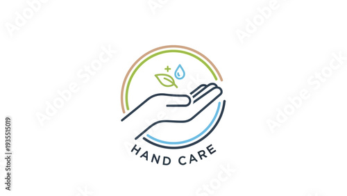 Hand Care Logo: Open Palm with Leaf, Water Drop, and Plus Sign