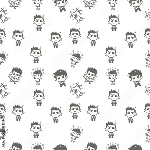 A seamless pattern of expressive angry child faces and dynamic tense poses in graphite line art suited for emotion themed and character driven designs