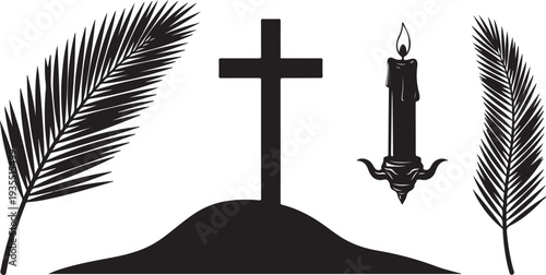 Easter Sunday Symbolism with Cross, Palm, and Candle Silhouette