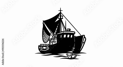 A black and white cartoon illustration of a fishing vessel with its net deployed and an anchor