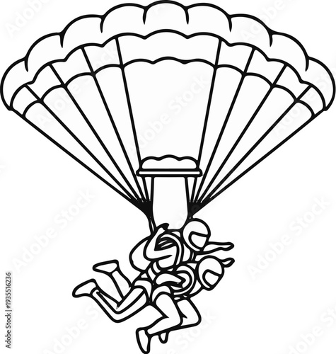A group of skydivers in tandem, descending under a large parachute
