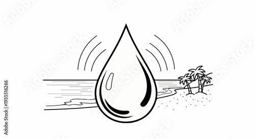 A large water droplet impacts a serene tropical beach with palm trees