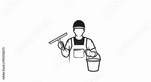 Silhouette of a person with a squeegee and bucket