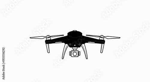 A black and white illustration of a drone with its camera