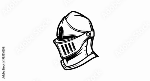 A black and white illustration of a knight's helmet