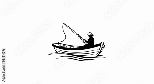 Silhouette of a person fishing from a rowboat on wavy water