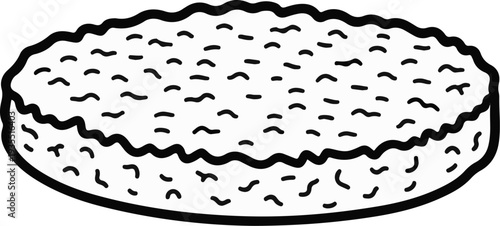 A simple black and white line drawing of a round, textured food item