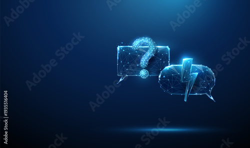 3d two speech bubbles with question mark and lightning bolt. Urgent inquiry, instant support request, fast problem clarification, real-time messaging workflow concept.
