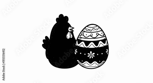 A cartoon chicken stands beside a decorated Easter egg