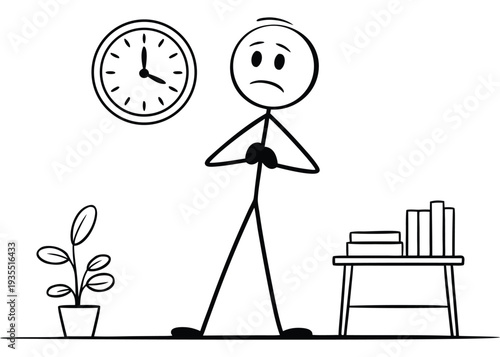 Cartoon Stick Figure Looking Sad While Waiting by Clock isolated on transparent background