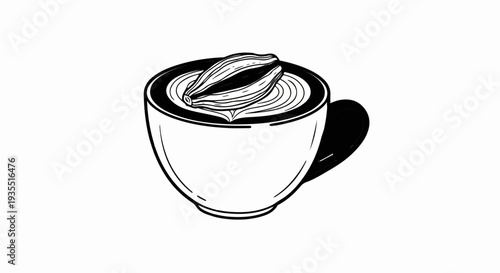 Minimalist line art depicts a coffee cup with frothy latte art and a single bean
