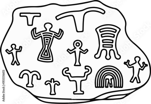 Ancient petroglyphs depicting figures and symbols on a rock surface