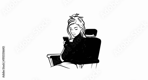 Woman in chair looking at phone, hair clips in styled hair