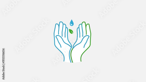 Hands holding water drop and green leaf, eco concept