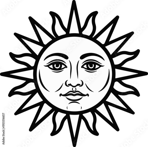 Anthropomorphic celestial body with radiating spikes and facial features in black and white