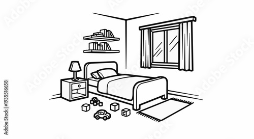 A simple line drawing depicts a child's bedroom with a bed, toys, and window