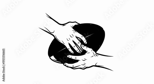Two hands grip a dark, oval ball, with lines suggesting movement