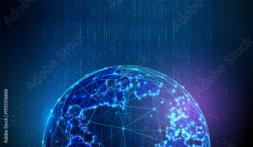 3d blue earth globe in flowing data stream. Global data exchange, digital connectivity, information transfer, technology integration, worldwide analytics concept.