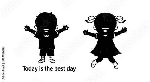 Two happy children, a boy and a girl, joyfully express themselves on a white background