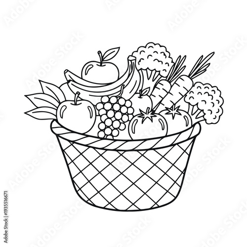 Woven basket overflows with an assortment of fresh fruits and vegetables, representing a bountiful harvest and healthy eating.