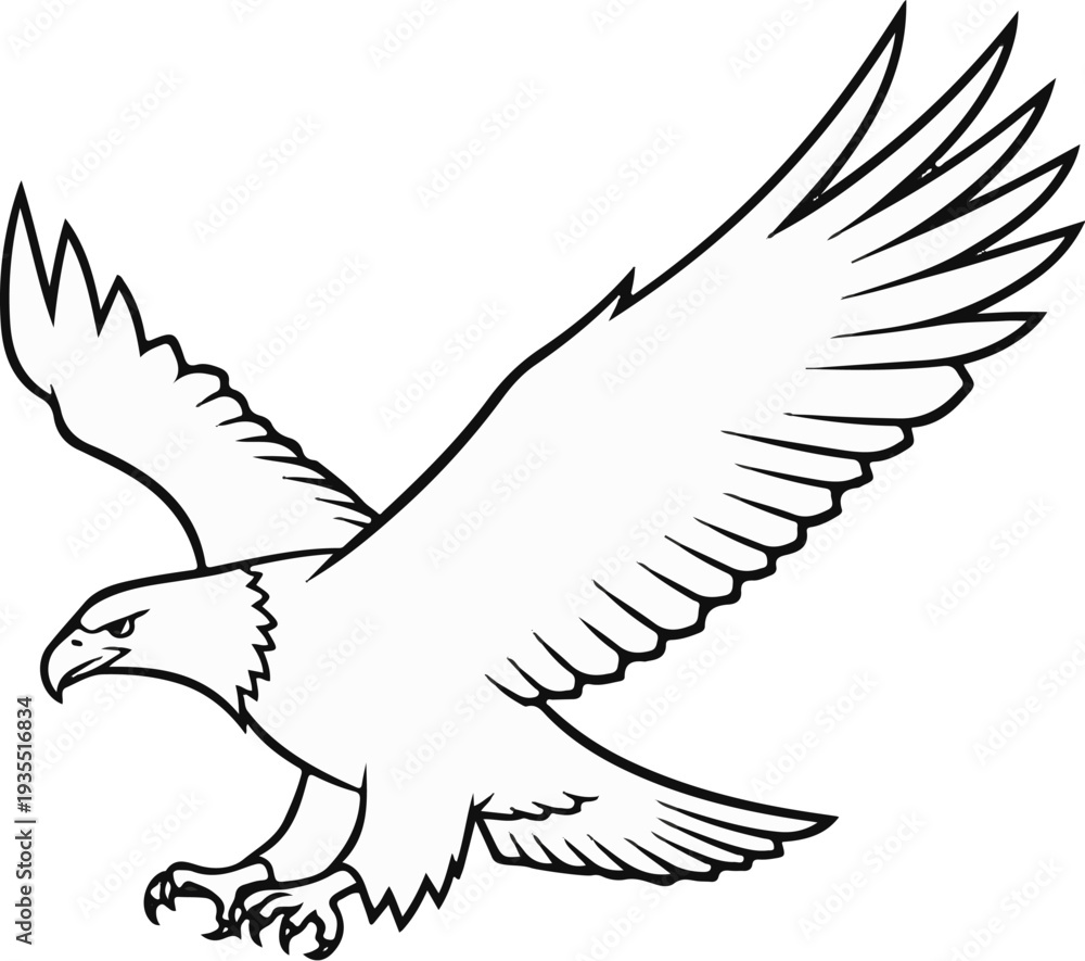 Obraz premium Black and white illustration of an eagle in flight with wings spread