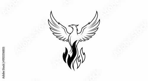 Stylized phoenix rising from flames, a symbol of rebirth and renewal