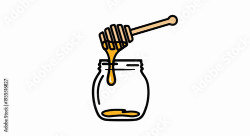A wooden honey dipper drips golden liquid into a clear jar