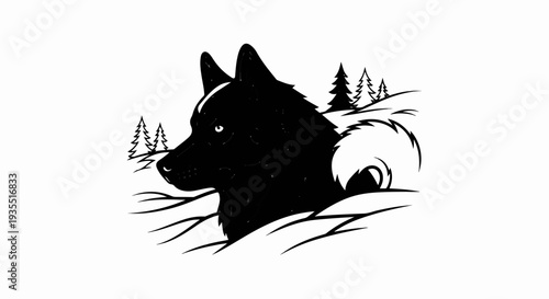 A stylized black wolf emerges from a snowy landscape with pine trees
