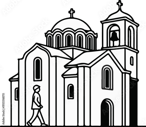 A stylized outline drawing of a church with a bell tower and dome, a person walks