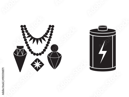 Black and white icons of jewelry and battery on white background  battery with lightning bolt and jewelry pieces including necklace earrings and pendant