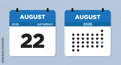 August 22 2026 (Saturday) Calendar page Vector Illustration. 22 August calendar page. Day calendar with date August 22. Checklist day calendar. Modern Calendar template icon. Week Starts on Sunday.