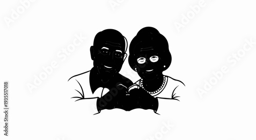 An elderly couple forms a heart with their hands, smiling