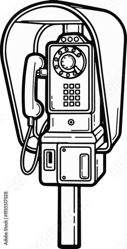 An old-fashioned payphone with a rotary dial and keypad stands on a pole
