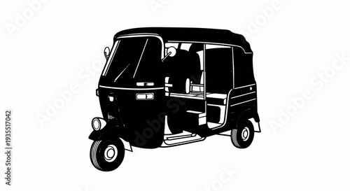 Black and white illustration of an open-door auto rickshaw
