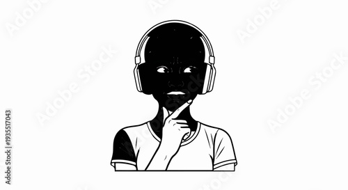 Stylized black and white illustration of a person wearing headphones and thinking