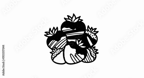 Abstract black and white doodle of berries with leaves and patterned segments