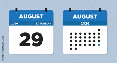 August 29 2026 (Saturday) Calendar page Vector Illustration. 29 August calendar page. Day calendar with date August 29. Modern Calendar template icon. Week Starts on Sunday. Checklist day calendar.