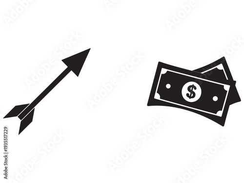 Black and white illustration of arrow pointing to dollar bills on white background