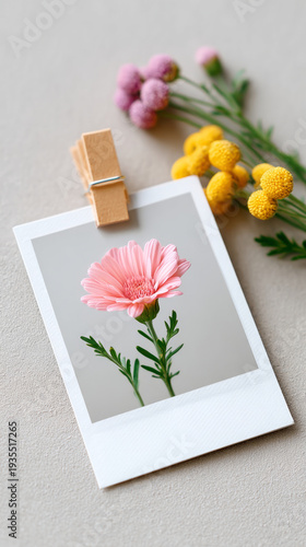 Pink gerbera daisy in polaroid frame with colorful flowers for scrapbooking or decoration