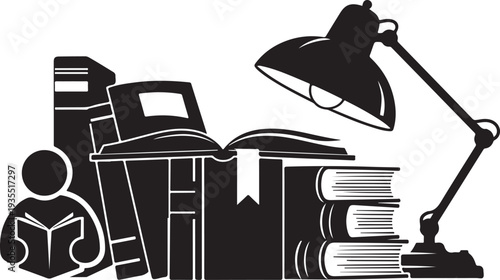 Person reading books with a lamp on a desk