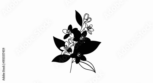 Branch with blossoms and leaves in a stark graphic illustration