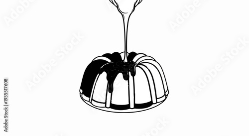Black and white illustration of a bundt cake being drizzled with chocolate