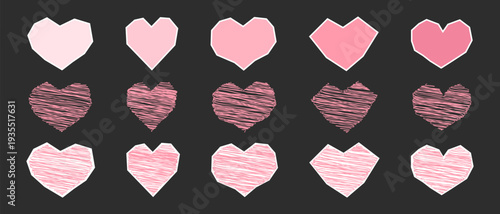 Set of pink paper and scratched hand drawn hearts with jagged edges, Paper cut hearts stickers for scrapbooking, Elements for Valentine's Day collages
