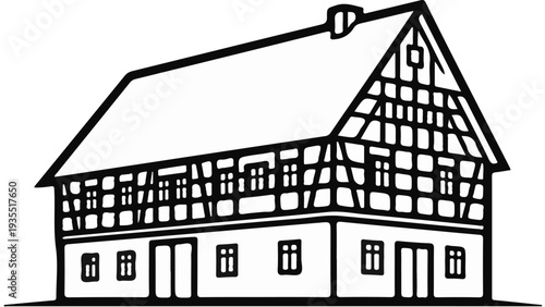 Black and white line drawing of a traditional timber-framed building with a steep roof
